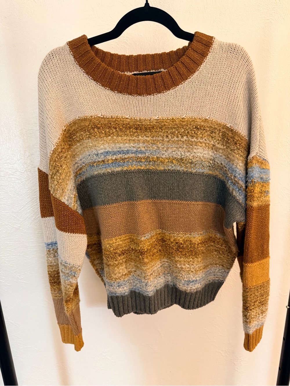 Prana Cozy Striped Crewneck Sweater - Tan, Mustard & Olive Size Medium